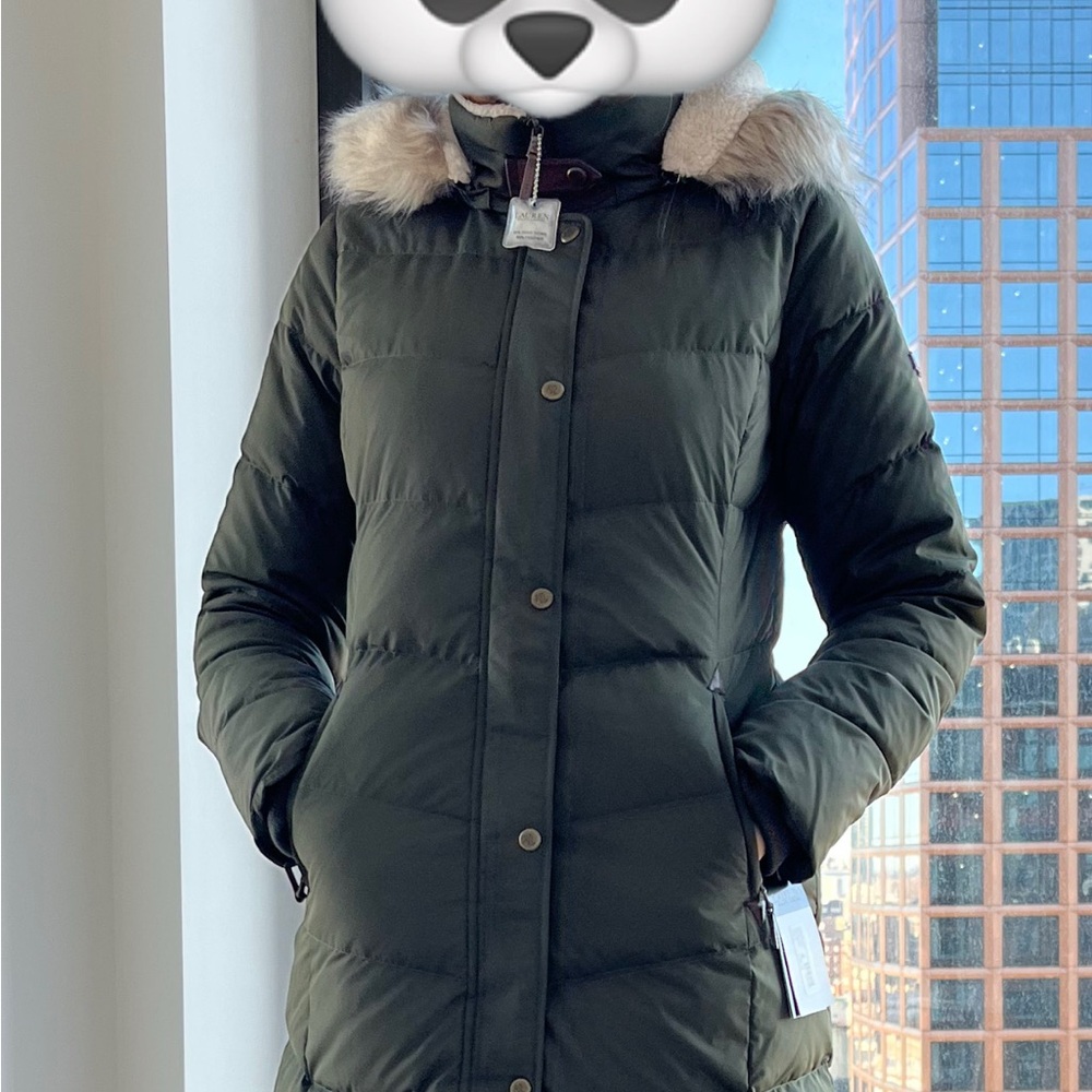 Lauren Ralph Lauren Dark Green Puffer Jacket with Faux Fur Hood, S size